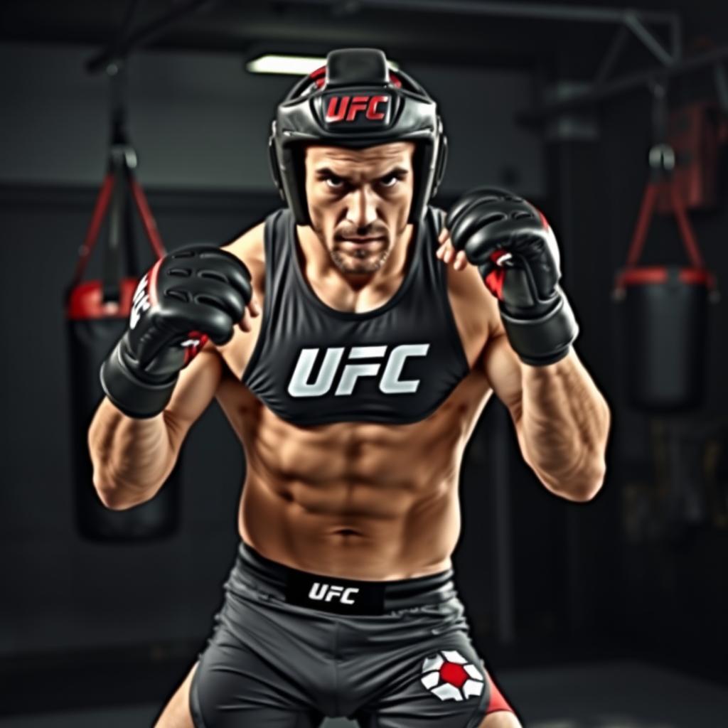 A dynamic, fierce fighter showcasing his skills in a UFC training environment