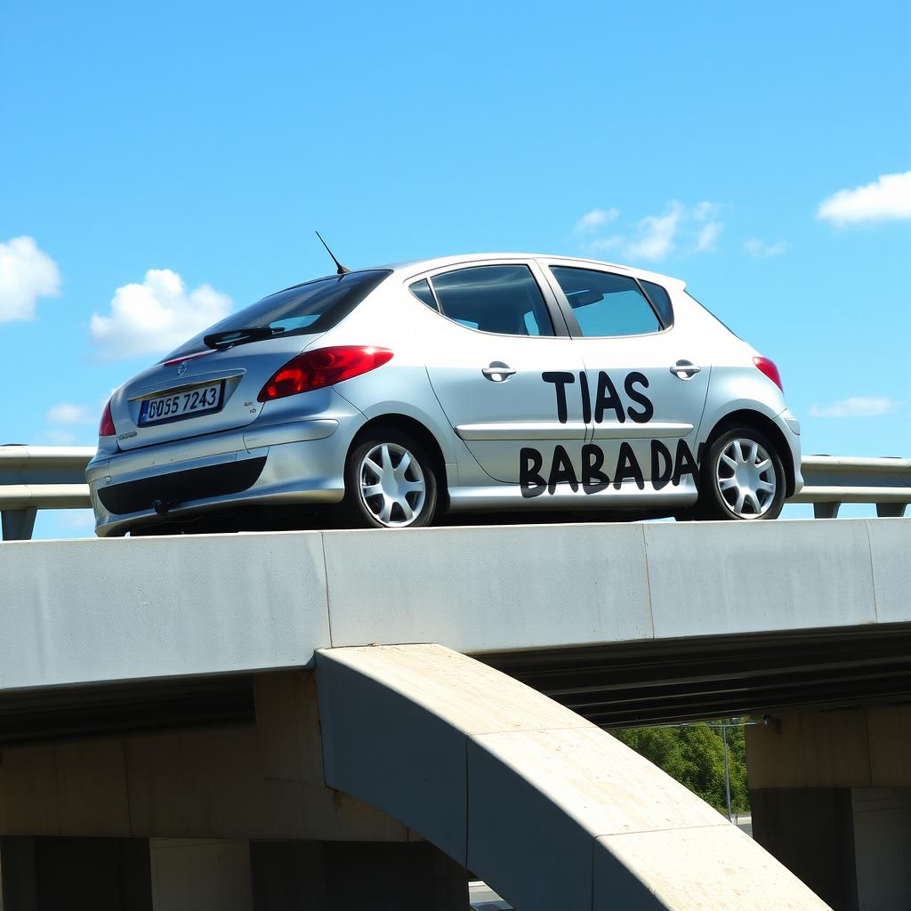 Um Peugeot 308 de cor cinza prata do ano 2005 estacionado em cima da ponte da Autoestrada A23, com placas visíveis indicando 'Mação' e 'Castelo Branco' ao fundo