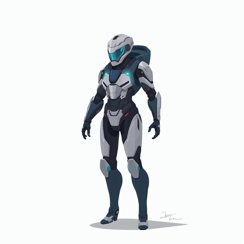 A 2D simple illustration of a futuristic exosuit designed for a human