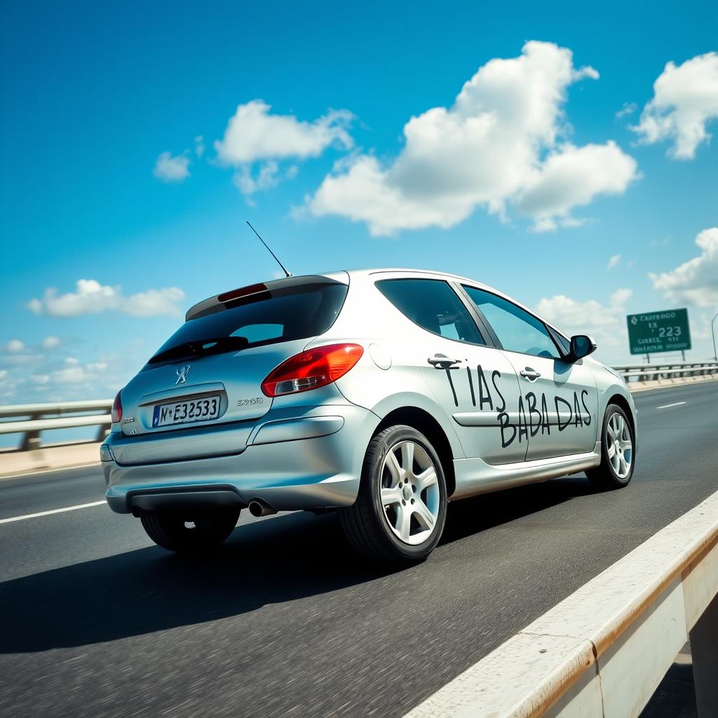 Um Peugeot 308 de cor cinza prata do ano 2005 estacionado em cima da ponte da Autoestrada A23, com placas visíveis indicando 'Mação' e 'Castelo Branco' ao fundo