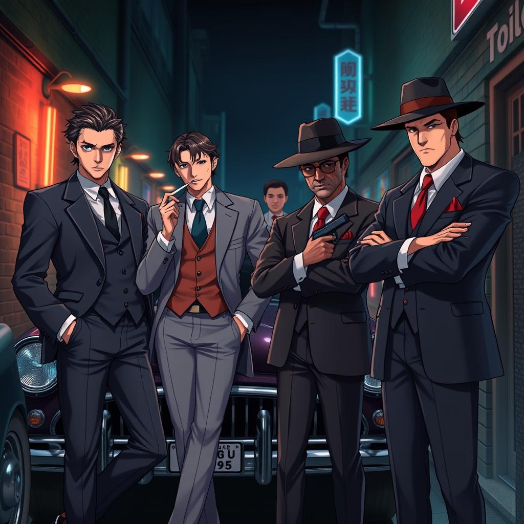 A group of four characters styled as elaborate mafia anime figures