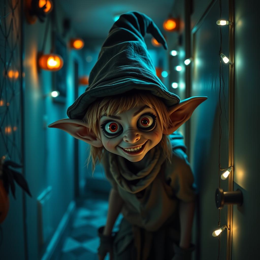 A tiny but scary female house elf with large expressive eyes and a mischievous grin, wearing tattered clothes and a pointed hat, lurking in the shadows of a dimly lit hallway filled with Halloween decorations like cobwebs and spooky lights