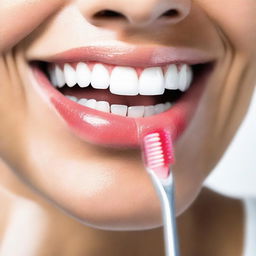 An extremely detailed close-up of a person brushing their sparkling white teeth with a new, vibrant, bristle toothbrush.