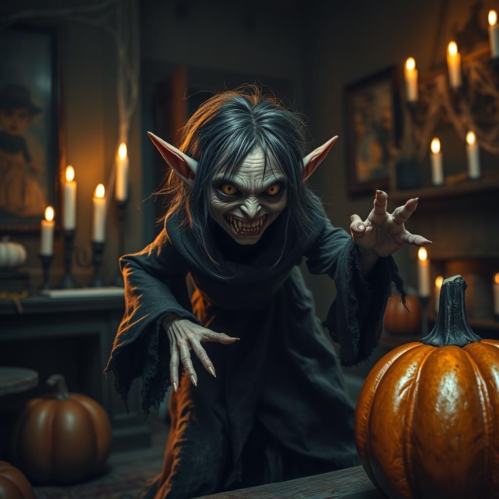 A tiny but scary female house elf with pointed ears and glowing eyes, dressed in tattered, dark robes that flow around her