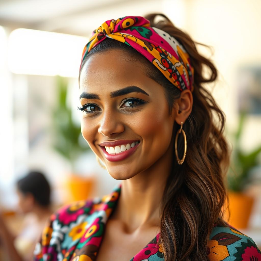 A stylish woman with a vibrant headband, hair elegantly tied back to showcase her facial features, captivating smile, wearing a colorful and fashionable outfit