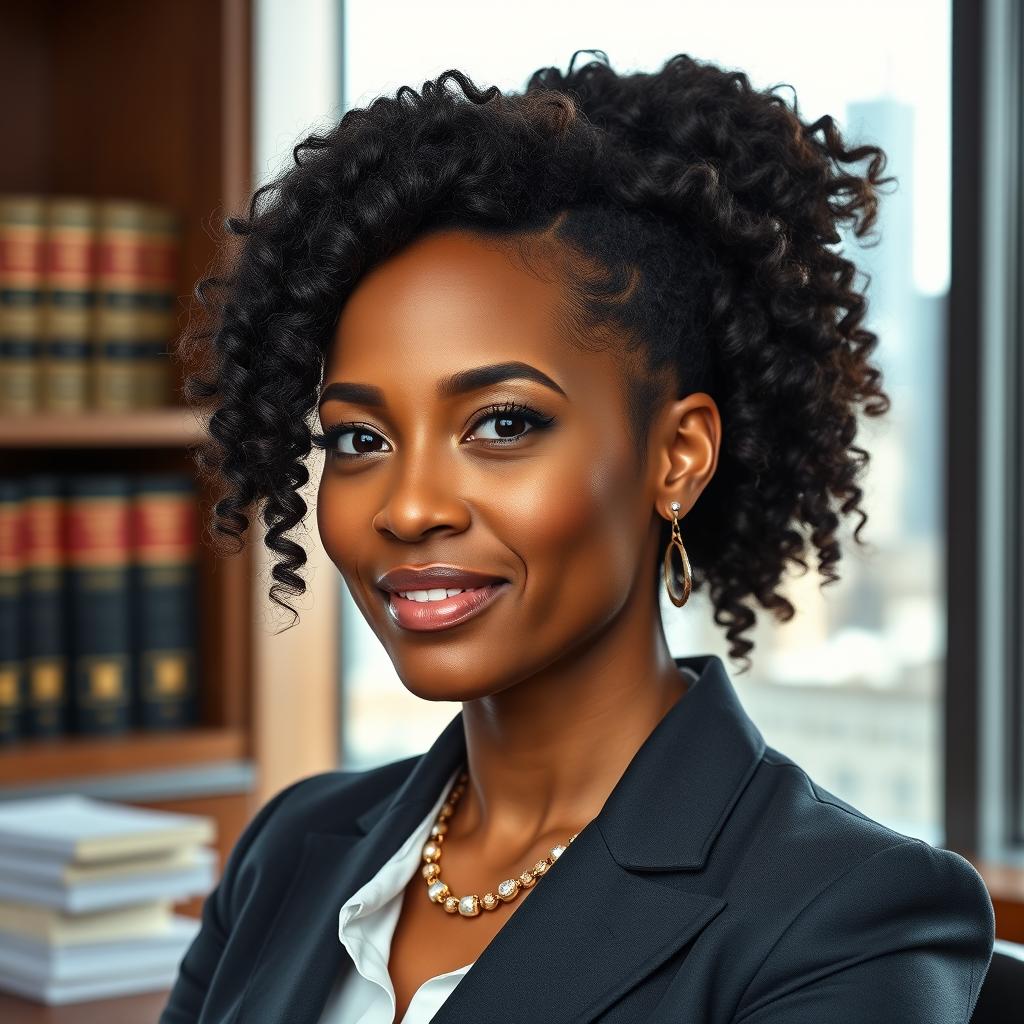 A portrait of an athletic and attractive woman in her late thirties, exhibiting medium brown skin and a rich, dark mass of curly hair styled elegantly into a knot pulled back from her face