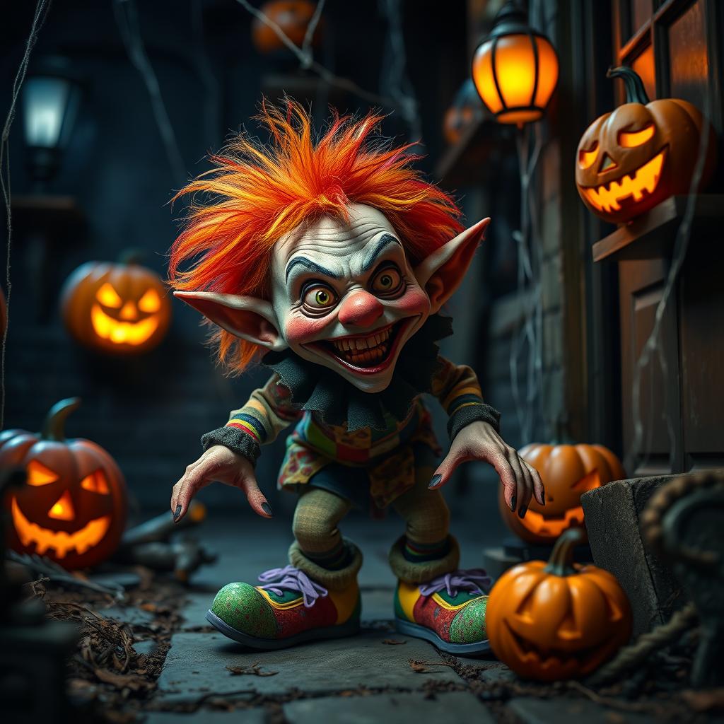 A tiny, scary clownish house elf with exaggerated features, large colorful shoes, and a mischievous grin, lurking in the shadows on Halloween night