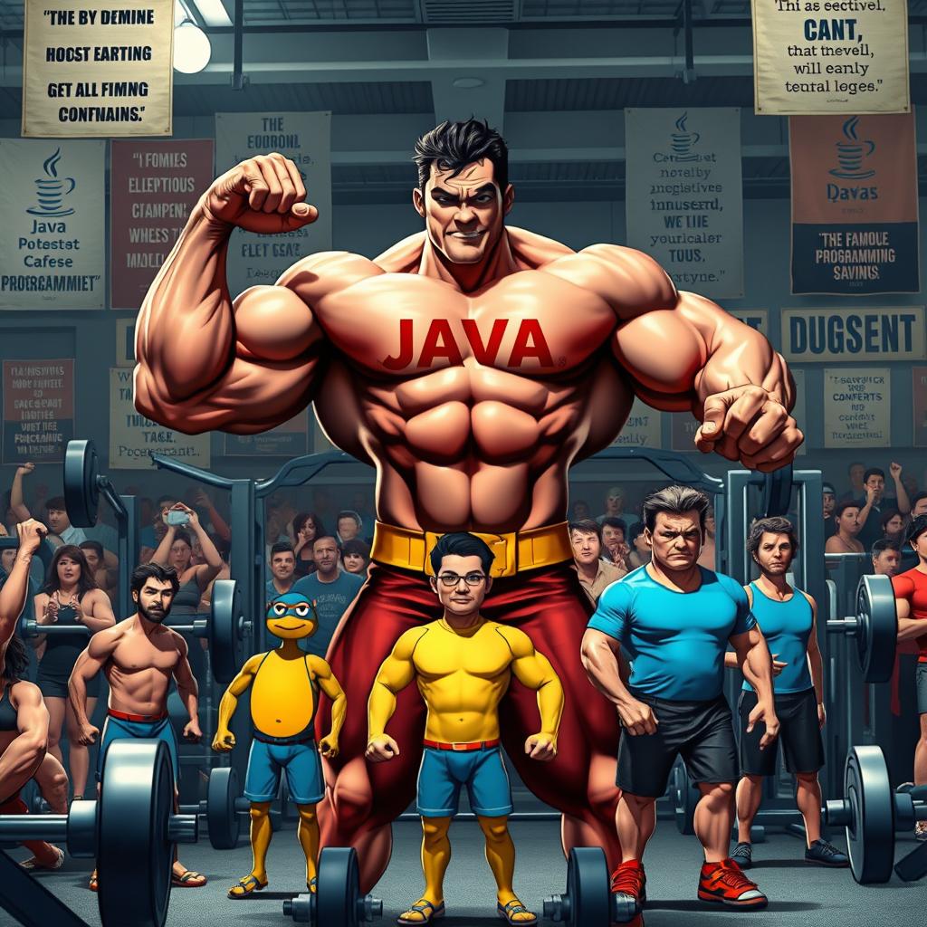 A powerful gym scene featuring Java as the ultimate champion, depicted as a muscular superhero with bulging muscles, flexing confidently