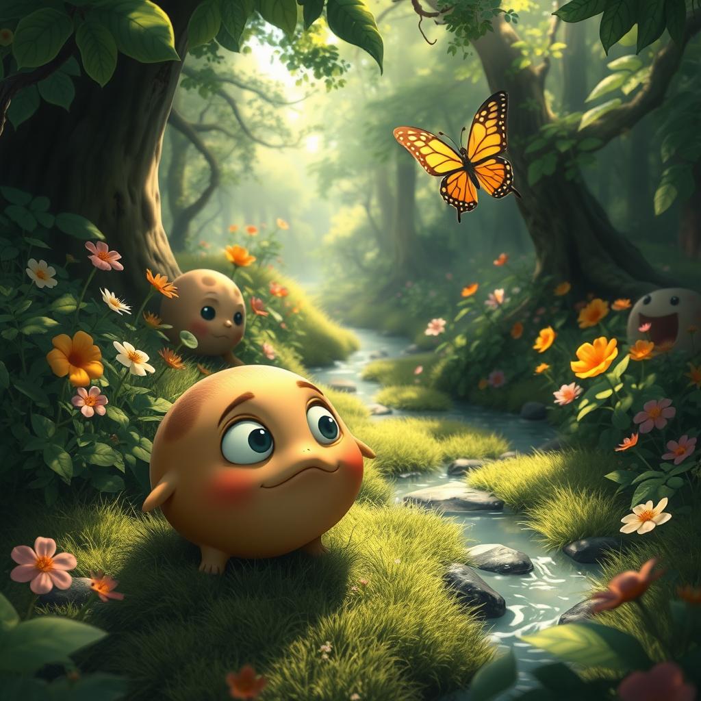 A whimsical scene showing a lush, green forest filled with fantastical creatures and vibrant flowers, reminiscent of Studio Ghibli's enchanting style