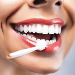 An extremely detailed close-up of a person brushing their sparkling white teeth with a new, vibrant, bristle toothbrush.