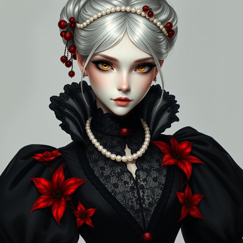 A stunning portrait of a character with eggshell pale skin, having elegant silvery-white hair styled in an intricate bun adorned with a string of pearls and red spider lily ornaments