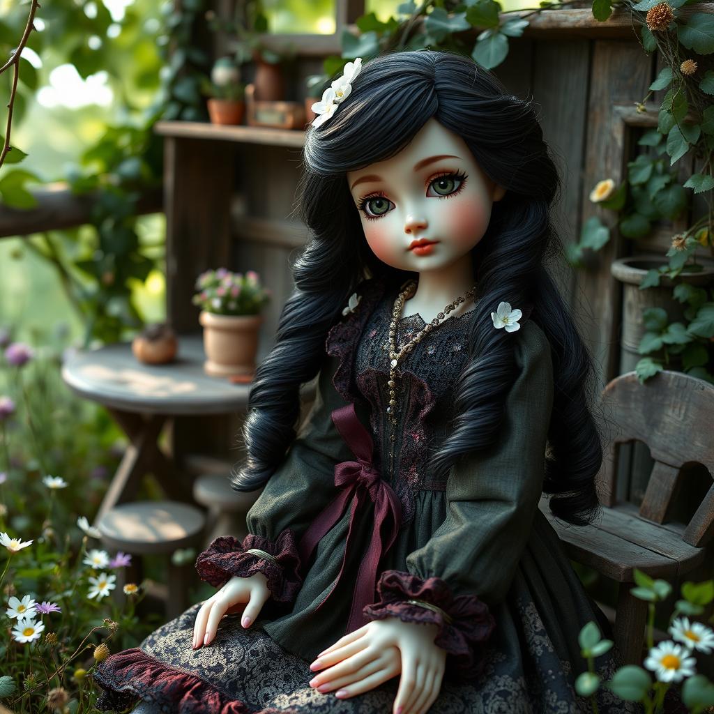 A porcelain doll dressed in dark cottagecore style, featuring intricate, vintage clothing with lace and floral patterns in deep, muted colors such as dark green, burgundy, and black