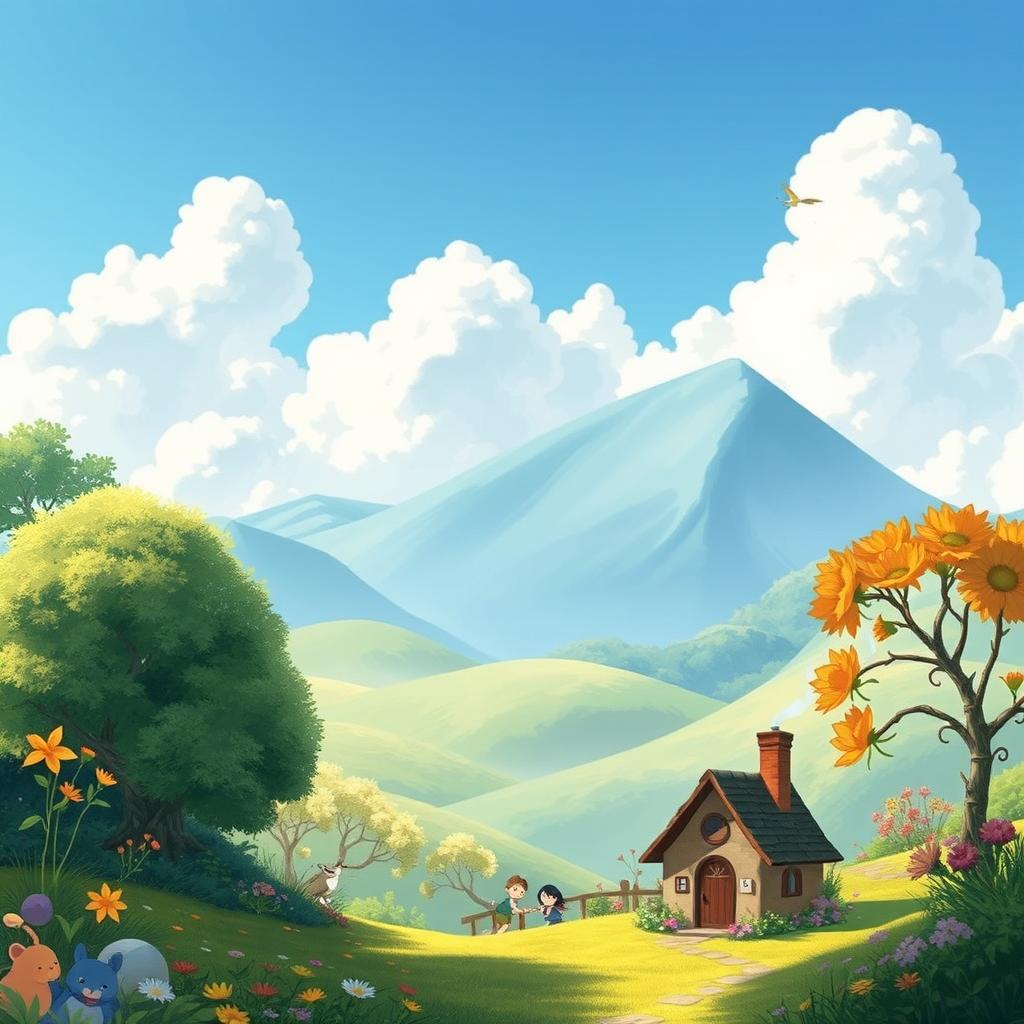 A whimsical landscape scene inspired by Studio Ghibli's warm and enchanting style, featuring lush greenery, colorful flowers, and softly rolling hills under a clear blue sky