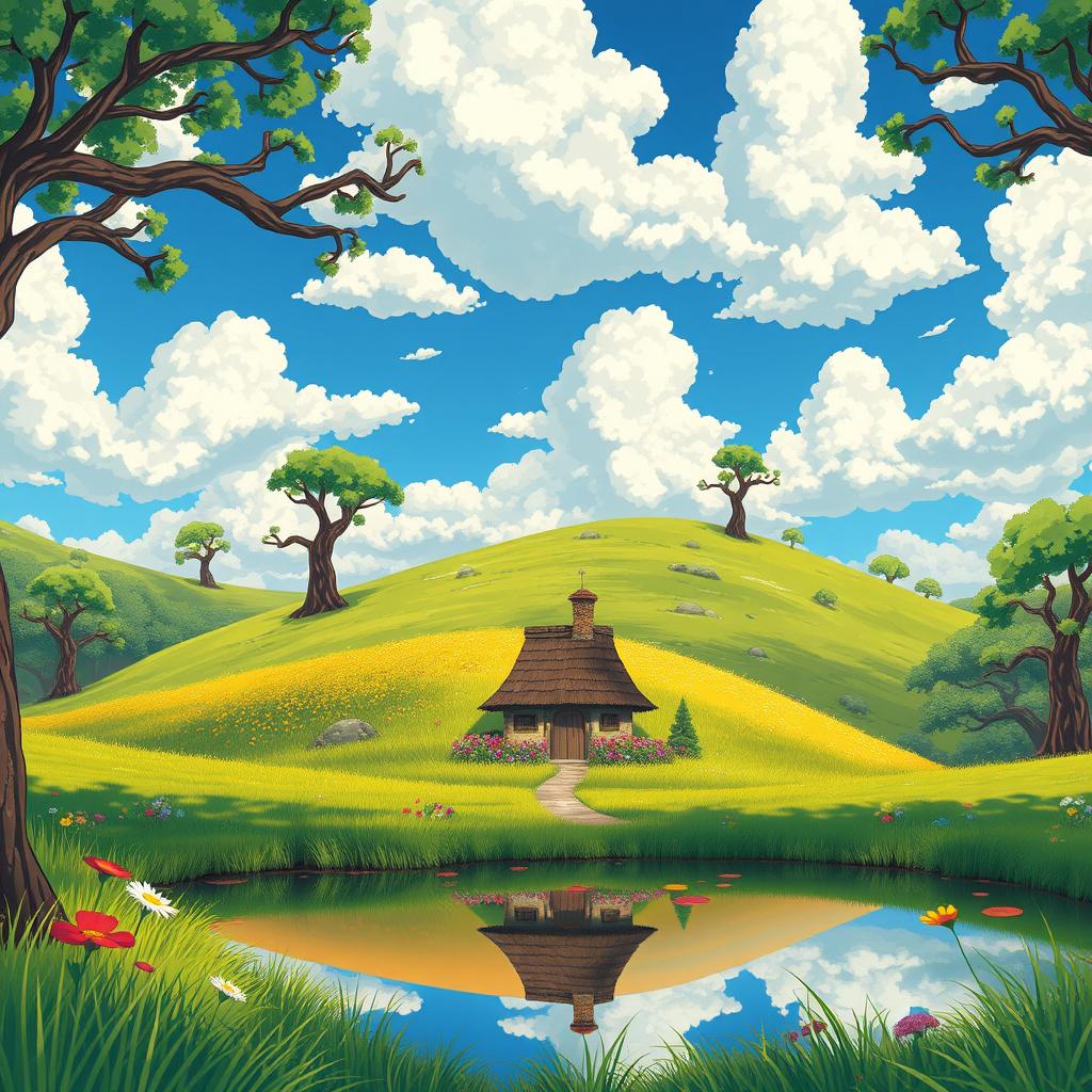 A whimsical landscape in the style of Studio Ghibli, featuring lush green hills, a vibrant blue sky dotted with fluffy clouds, and enchanting trees with twisted branches