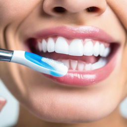 An extremely detailed close-up of a person brushing their sparkling white teeth with a new, vibrant, bristle toothbrush.