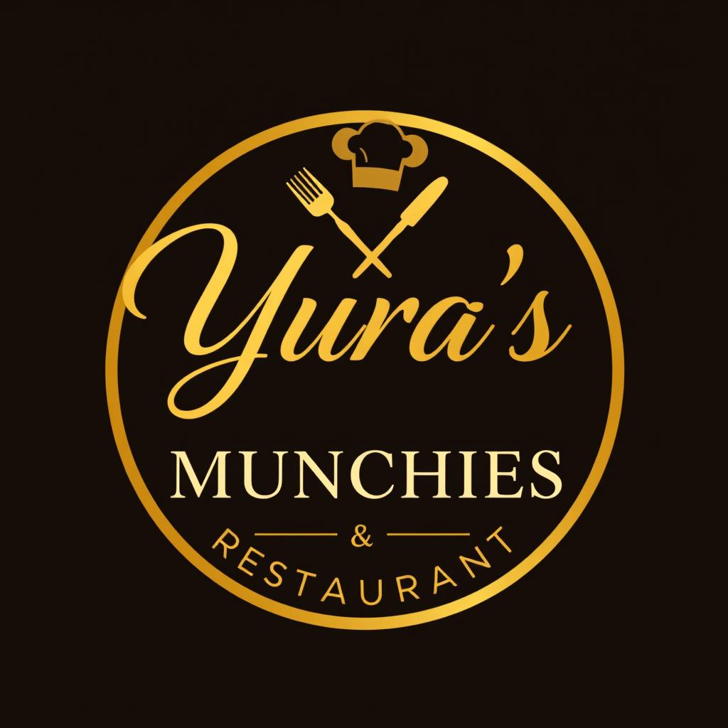 A luxurious and elegant golden logo for 'Yura’s Munchies & Restaurant'