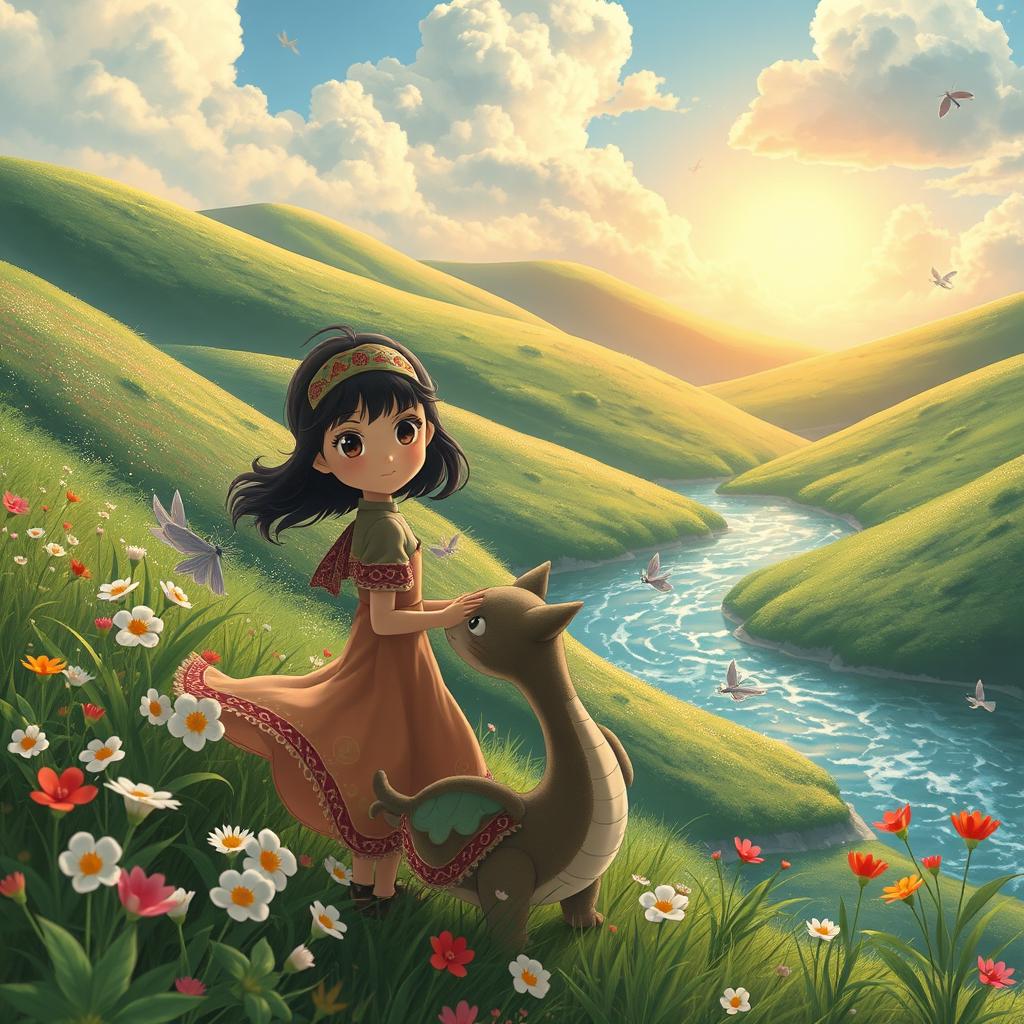 A picturesque scene set in a lush, green landscape reminiscent of a Studio Ghibli film, featuring whimsical, fantastical elements