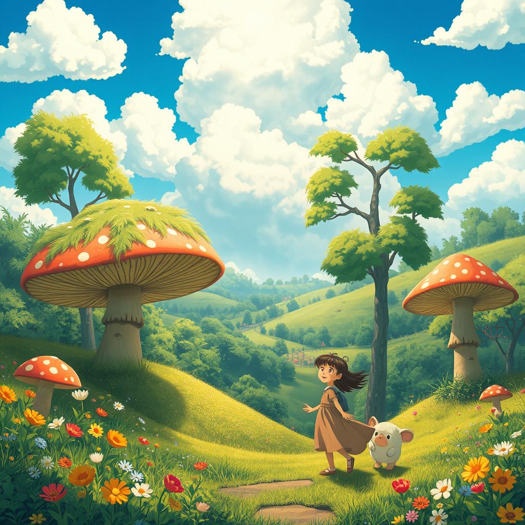 A whimsical scene inspired by the enchanting world of Studio Ghibli, featuring lush green forests, rolling hills, and vibrant flowers
