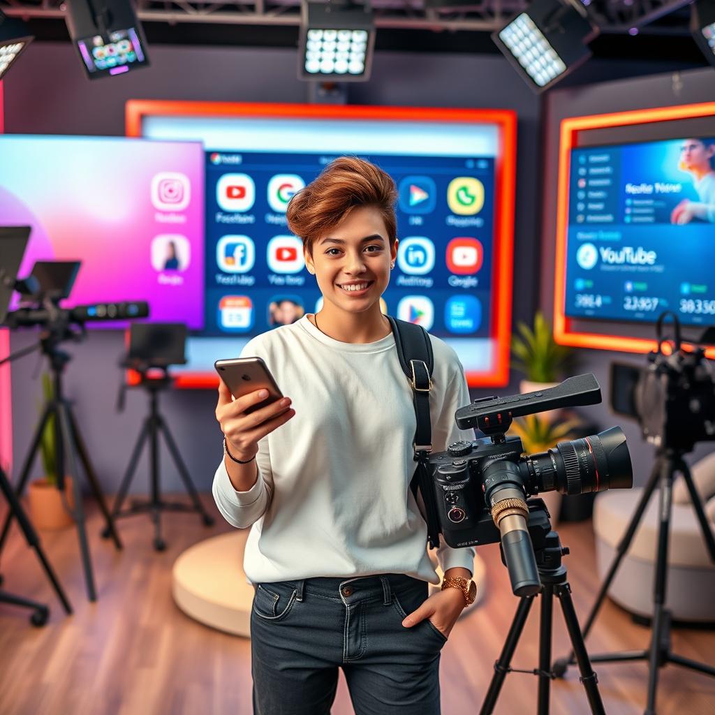 A modern digital influencer standing confidently in a stylish, contemporary studio, surrounded by the latest video marketing tools and equipment