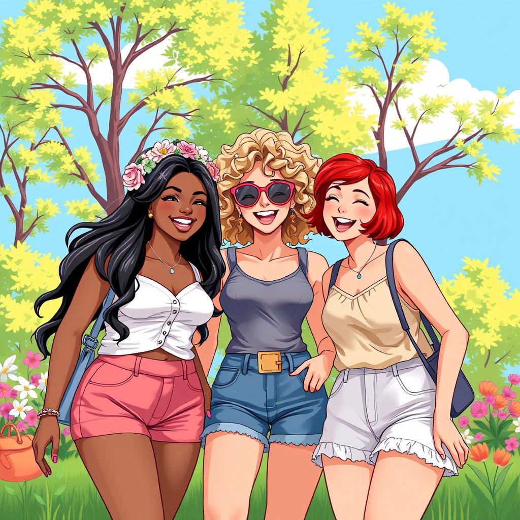 A vibrant and colorful illustration of a group of stylish girls of diverse backgrounds enjoying a sunny day at a park