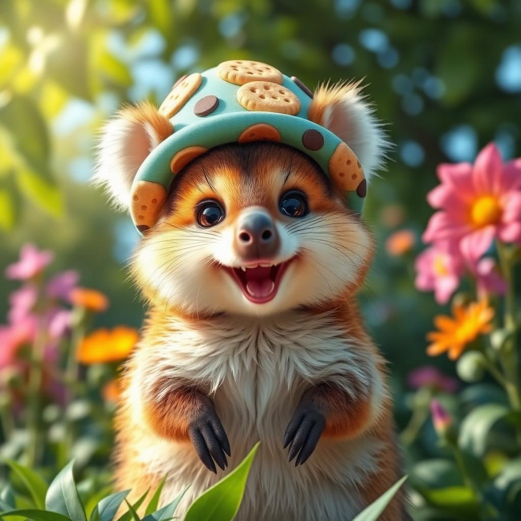 A whimsical quokka wearing a colorful cookie-themed hat, the hat adorned with various cookie designs, including chocolate chip and vanilla wafers