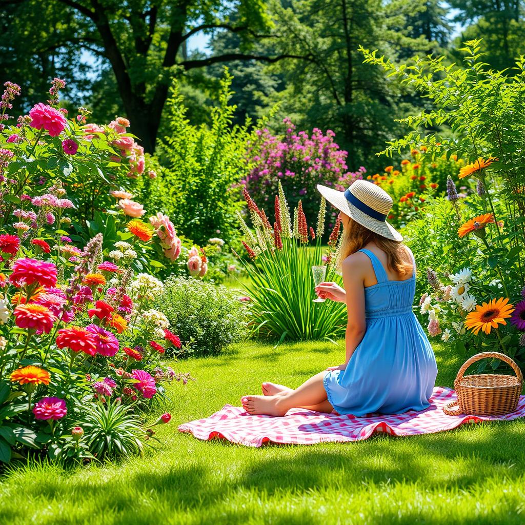 A vibrant outdoor scene featuring a lush garden filled with colorful flowers and greenery
