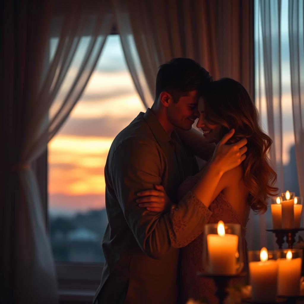 A romantic setting depicting a couple enjoying intimate moments together, surrounded by softly glowing candlelight with a serene atmosphere
