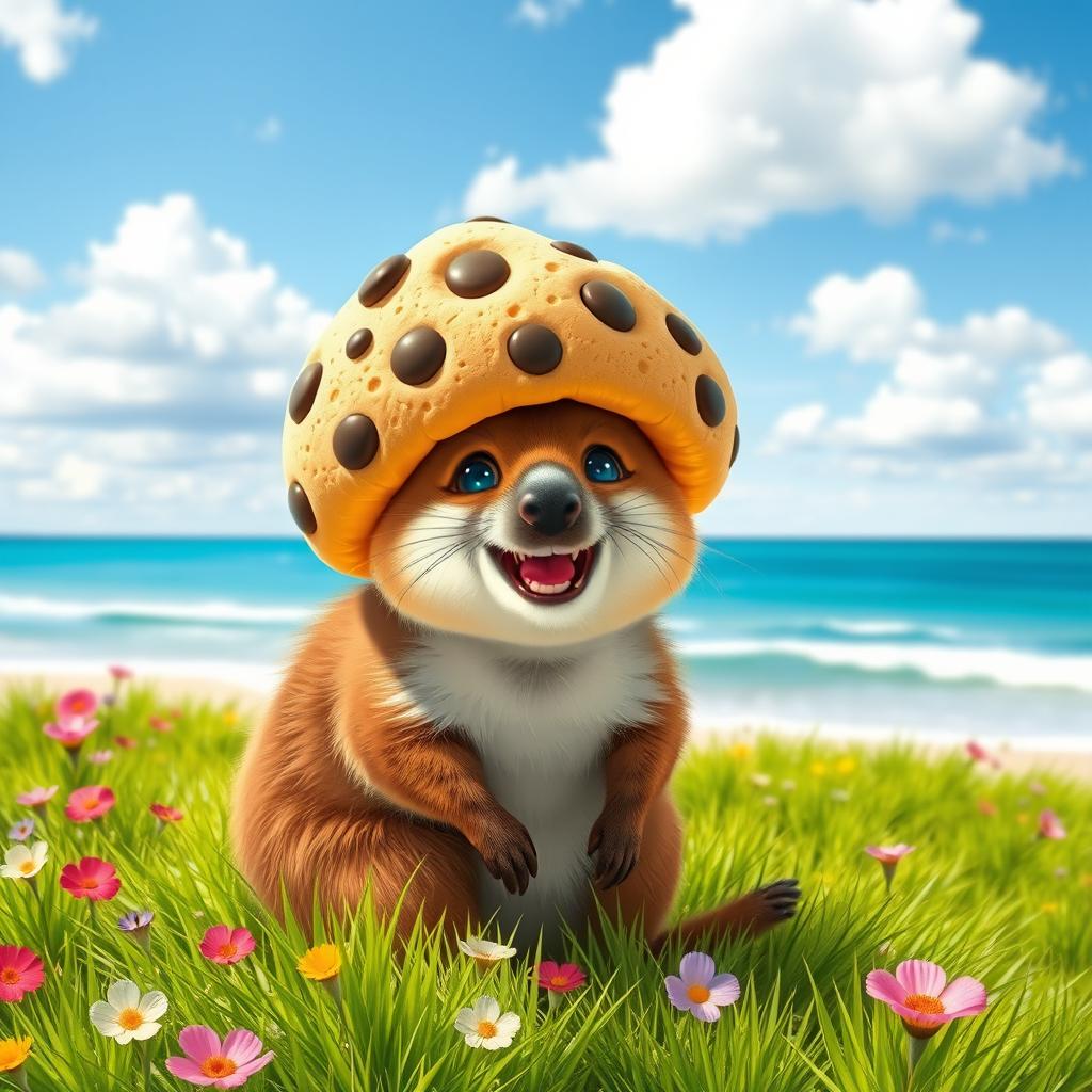 A cute quokka wearing a whimsical cookie-shaped cap, smiling happily