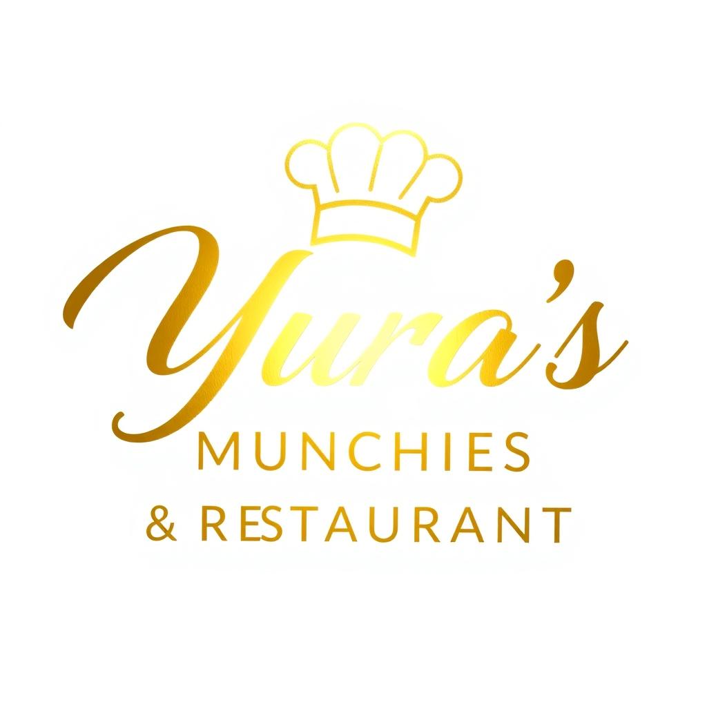 A golden logo featuring the cursive text “Yura's Munchies & Restaurant” prominently displayed