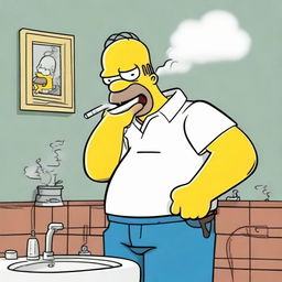 A cartoon caricature of Homer Simpson hilariously brushing his teeth and contentedly smoking a pipe at the same time.