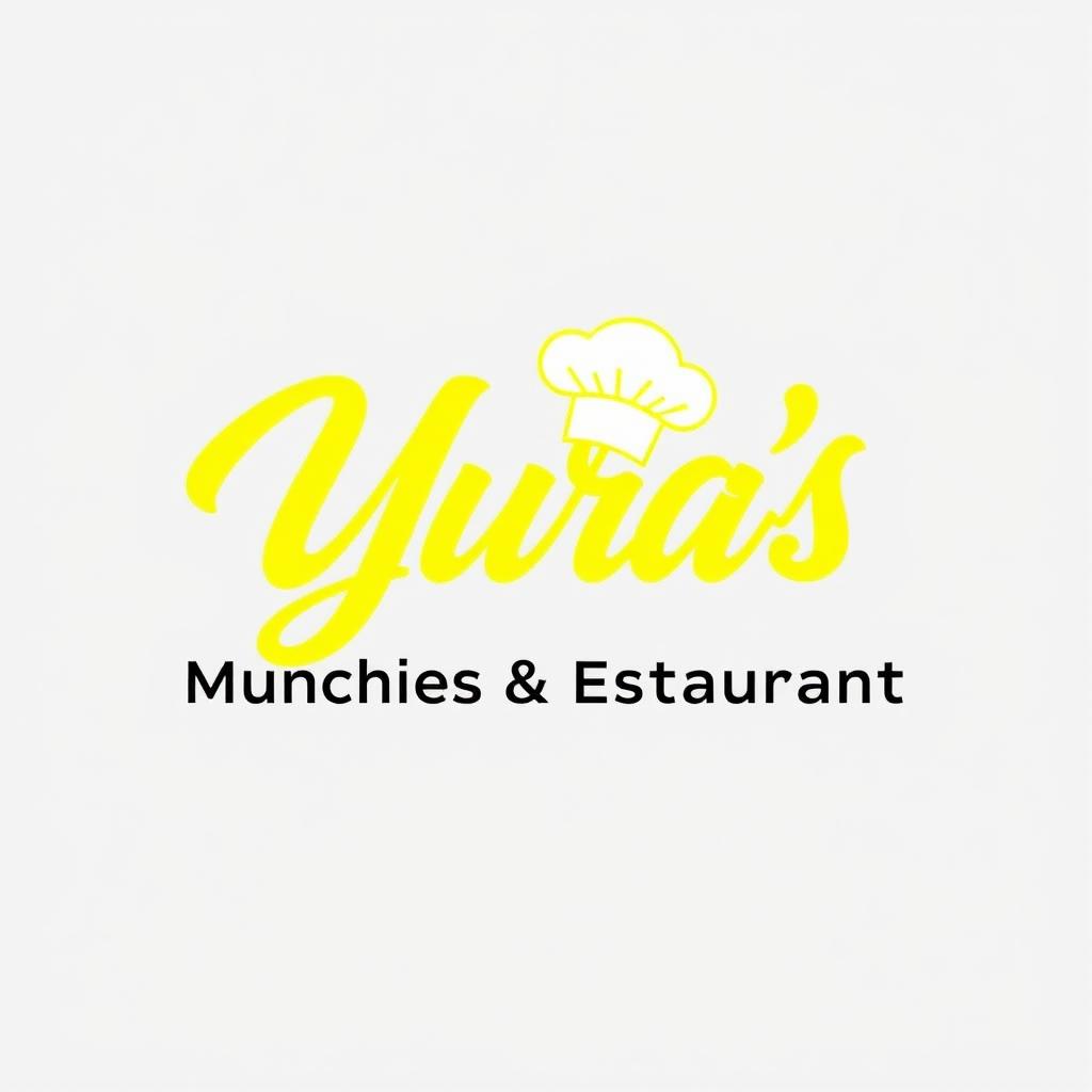 A bright yellow logo featuring the cursive text "Yura's Munchies & Restaurant" with a classic chef's hat integrated into the design