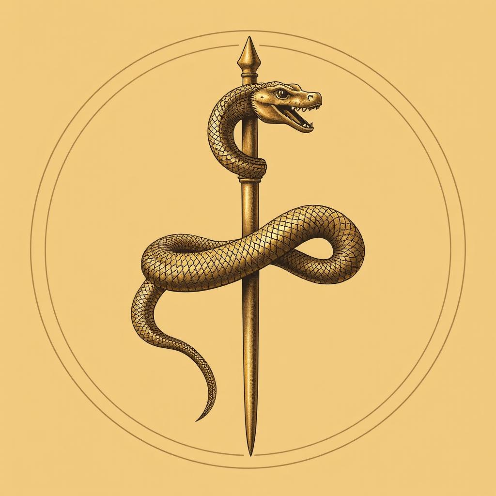 A detailed illustration of the symbol of the bronze serpent of Moses, intricately designed and positioned within a circle