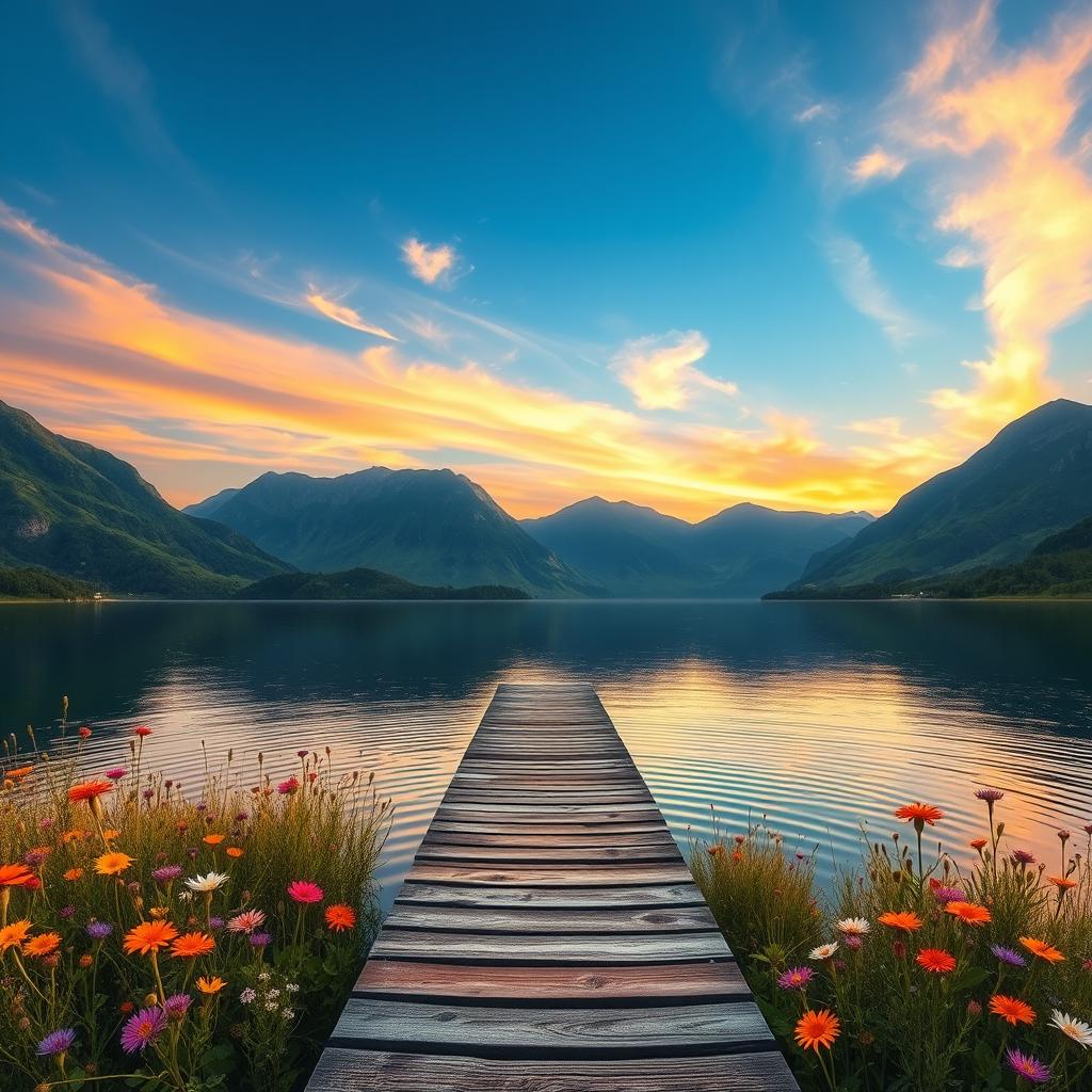 An enchanting landscape depicting a serene lake surrounded by lush green mountains under a clear blue sky