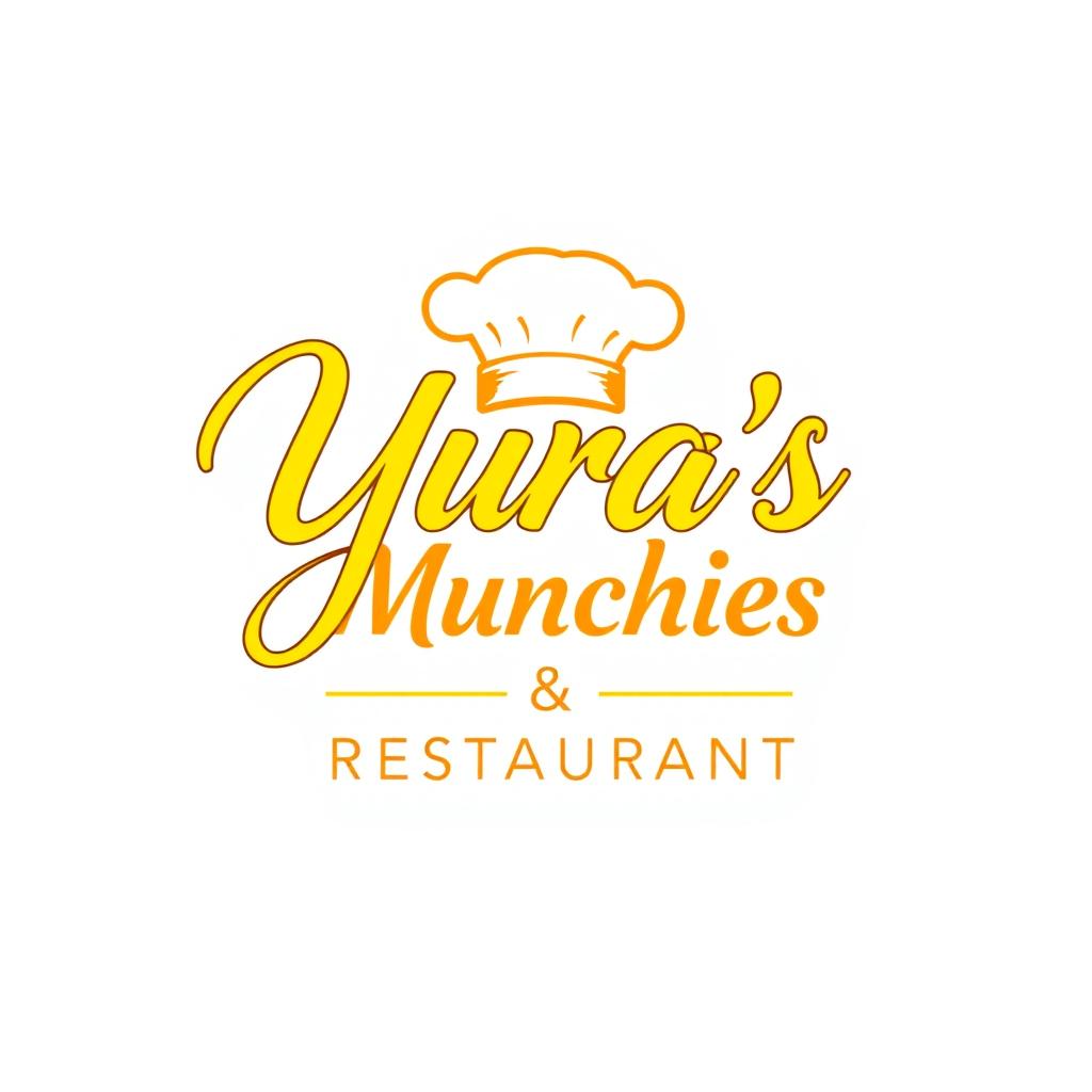 A vibrant yellow logo featuring the elegant cursive text "Yura's Munchies & Restaurant" creatively intertwined with a classic chef's hat
