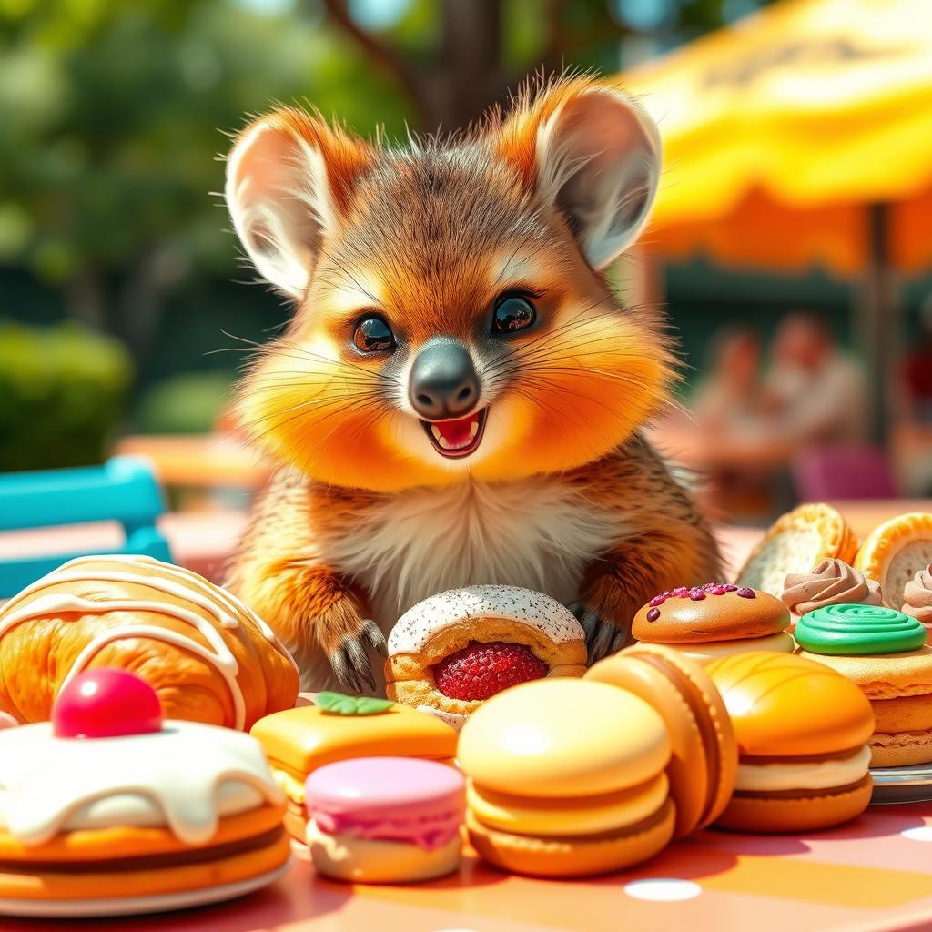 A whimsical and adorable quokka sitting amidst a colorful array of pastries