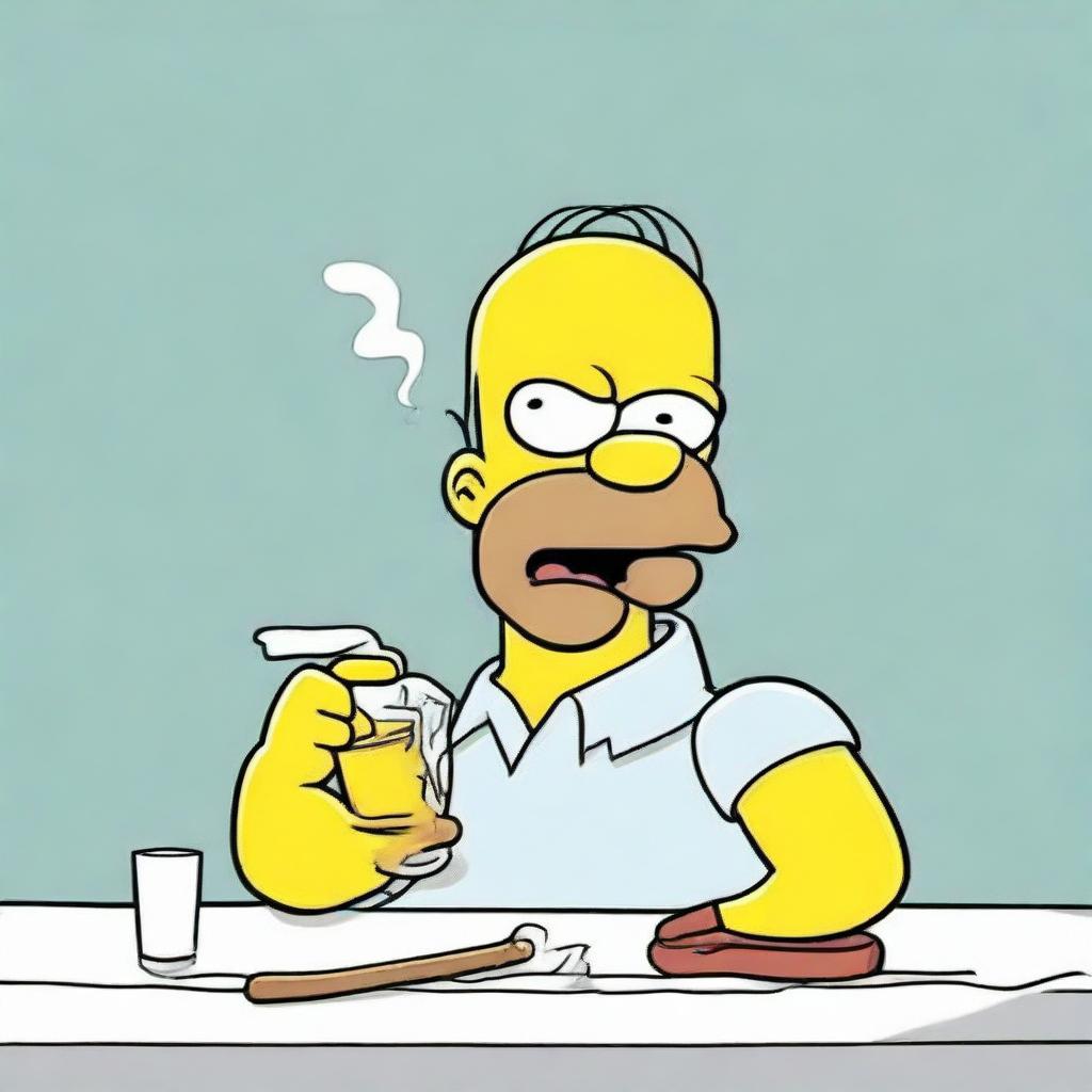 A cartoon caricature of Homer Simpson hilariously brushing his teeth and contentedly smoking a pipe at the same time.