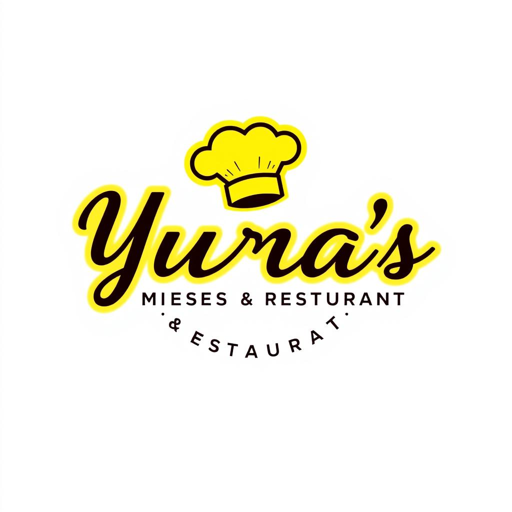 A vibrant yellow outlined logo showcasing the cursive lettering "Yura's Munchies & Restaurant" artfully designed with a charming chef's hat integrated into the composition