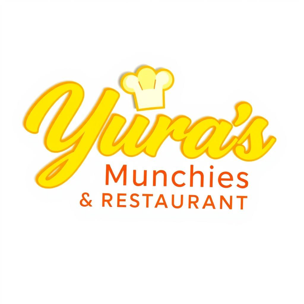 A vibrant yellow outlined logo featuring the cursive text "Yura's Munchies & Restaurant" artistically crafted with a playful chef's hat integrated into the design