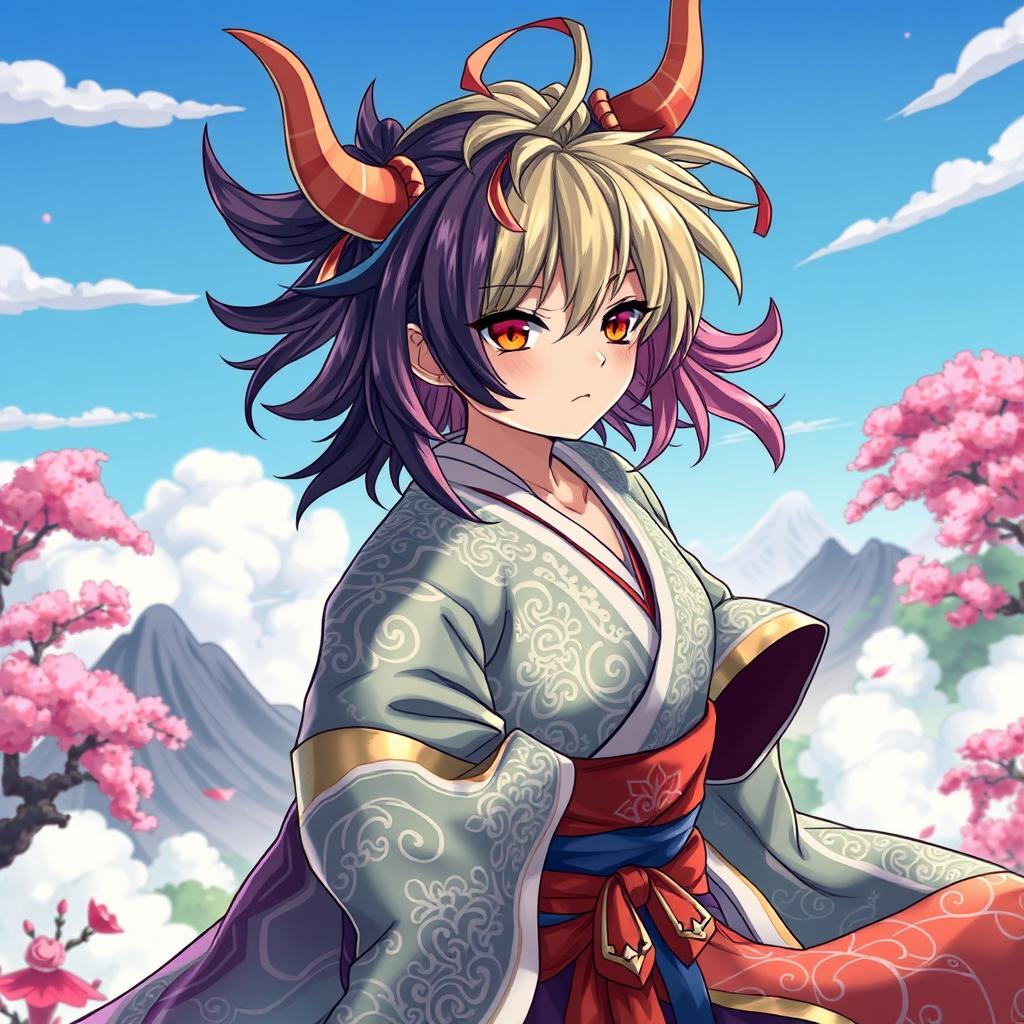 A beautifully stylized character in the vein of Demon Slayer, featuring intricate and colorful clothing inspired by traditional Japanese garments, complete with flowing fabrics and detailed patterns