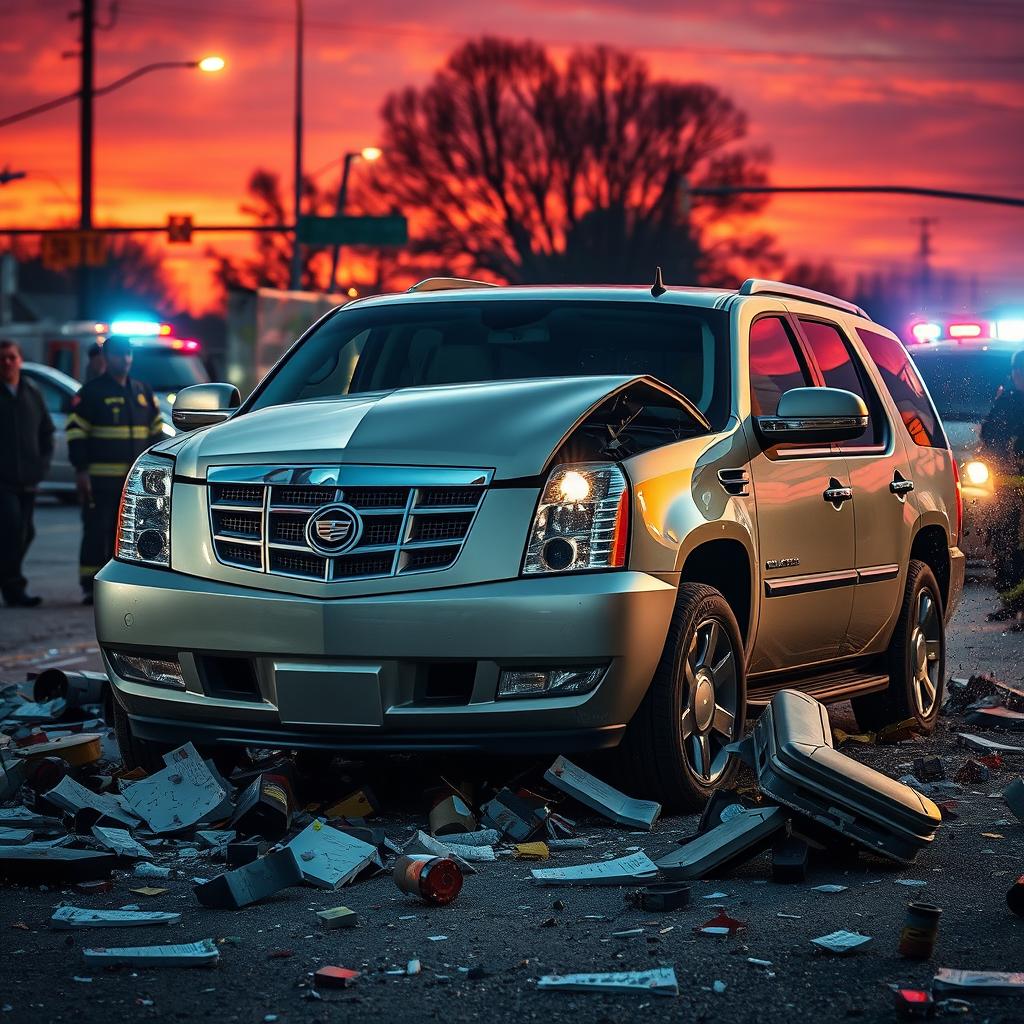 A dramatic scene depicting a 2007 Cadillac Escalade involved in a car crash, showcasing the wreckage of the vehicle surrounded by debris