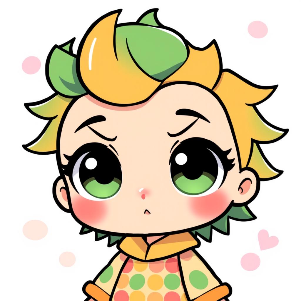 A cute chibi version of a character with big, expressive eyes, a tiny nose, and a small mouth