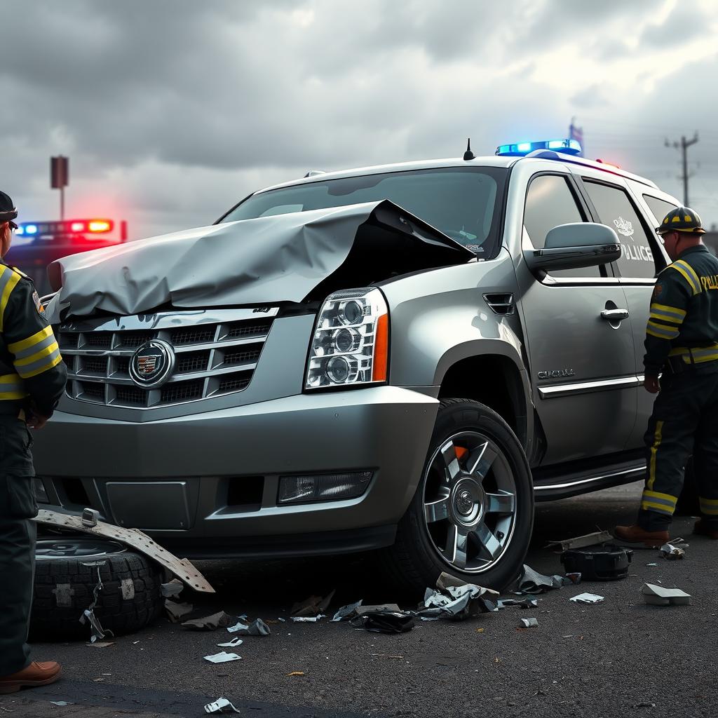 A highly realistic depiction of a 2007 Cadillac Escalade involved in a car crash, showcasing significant damage to the vehicle with crumpled steel and shattered glass