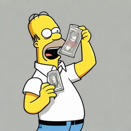 A comedic cartoon image of Homer Simpson holding up a crisp £20 note with a look of surprise and joy.