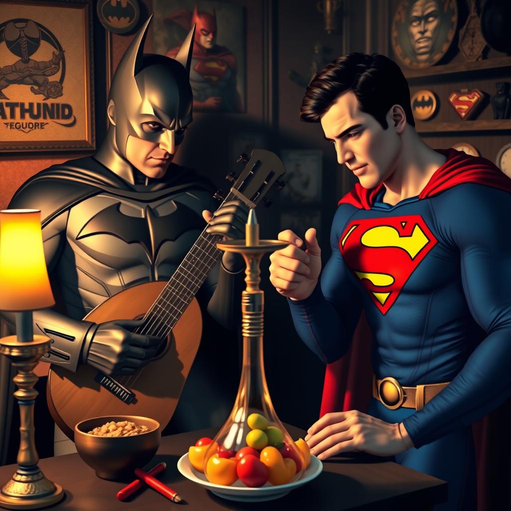 Batman, in his classic dark suit with the iconic bat symbol, deeply focused as he plays the Oud, a traditional string instrument, in a cozy, dimly lit room