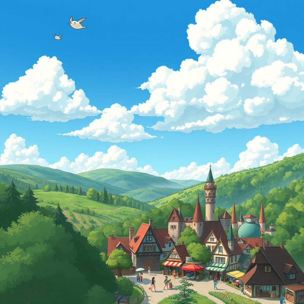 A serene landscape in the style of Studio Ghibli, featuring lush green forests and rolling hills