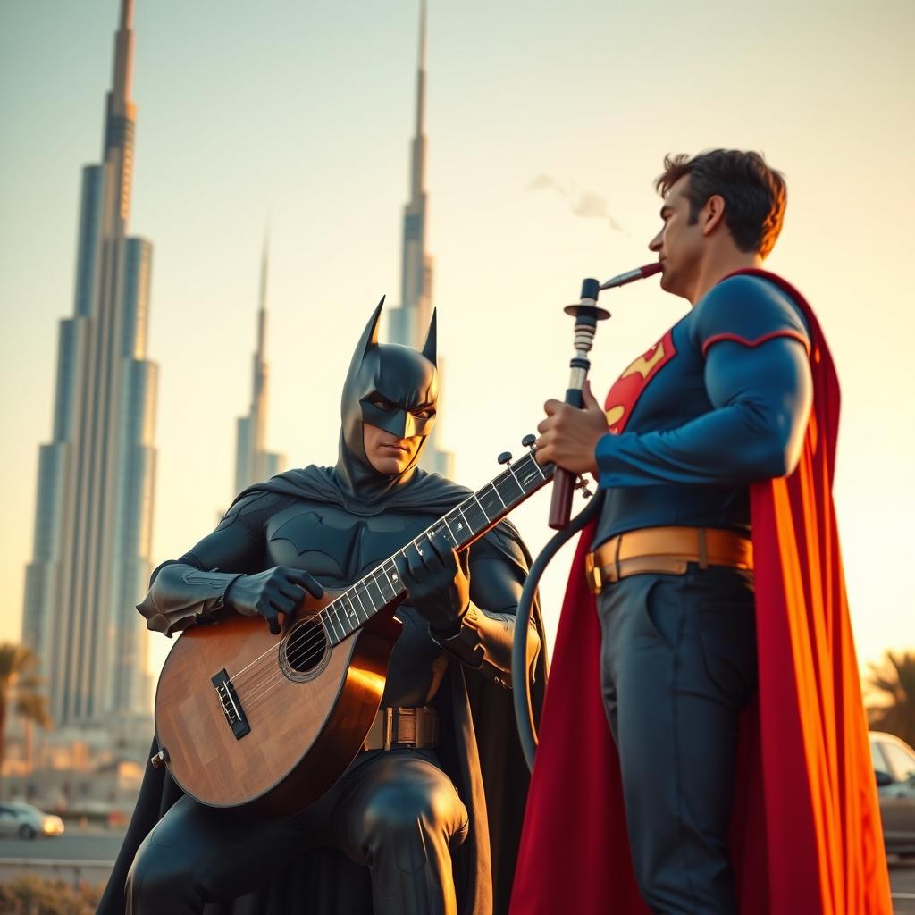 A dynamic scene featuring Batman playing a traditional Oud, a beautifully crafted Arabic string instrument, in front of the iconic Kuwait Towers