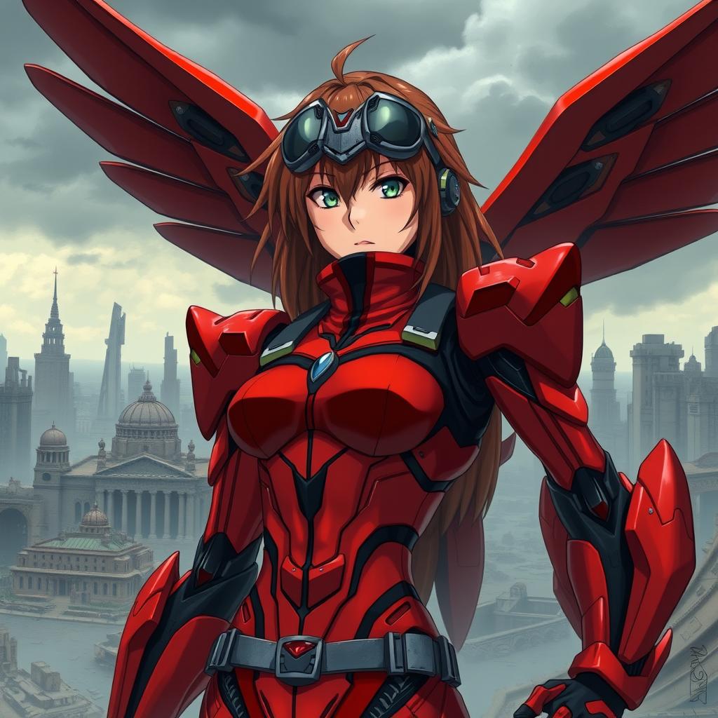 A detailed portrayal of Asuka Langley Soryu in her iconic Evangelion pilot suit, characterized by her vibrant red outfit with black accents