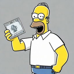 A comedic cartoon image of Homer Simpson holding up a crisp £20 note with a look of surprise and joy.