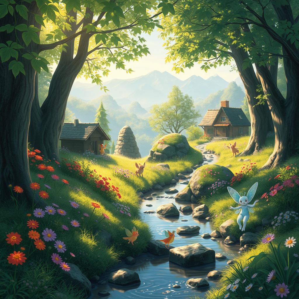 A magical forest scene inspired by Studio Ghibli, featuring whimsical creatures like tiny fairies and colorful spirits dancing among vibrant flowers and lush greenery
