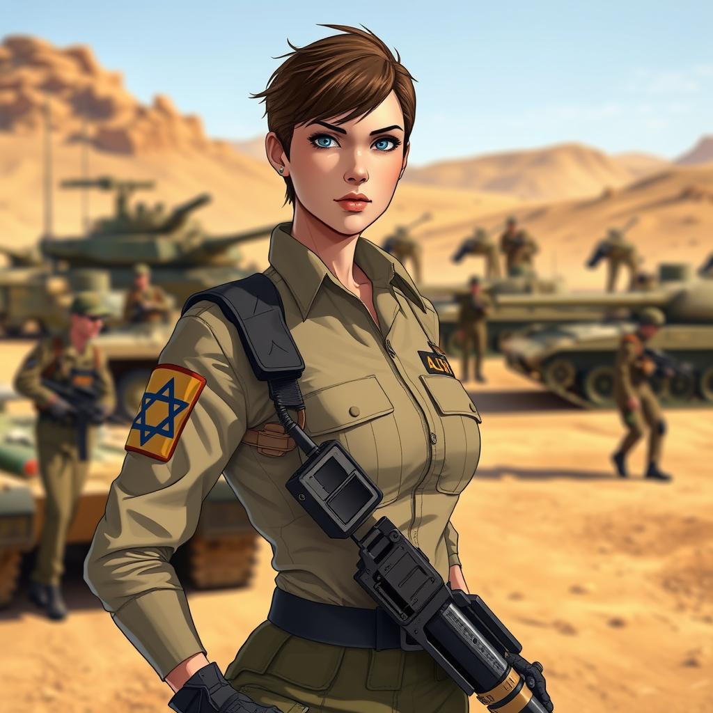 A powerful female character in the Israel Defense Forces (IDF) uniform, standing confidently with a determined expression